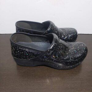 Dansko Clogs Black Leather Holographic Sparkles Professional Shoes 39/US 8,5